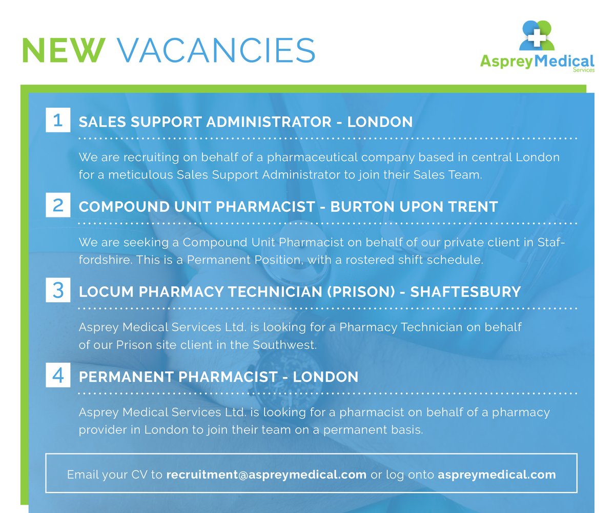 AspreyMedical's tweet photo. Get a head start on the weekend with these NEW and EXCITING vacancies! 💙💚

Call us now on 01206 656009 to start applying, or visit https://t.co/5DDHLqScUe

#healthcarerecruitment #nowhiring #pharmacist #pharmacy #pharmacyjobs #occupationaltherapists https://t.co/3alfiNmI2A