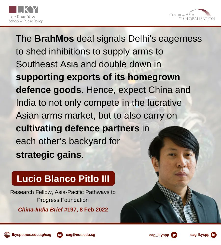 CAG_LKYSPP's tweet photo. In “The BrahMos missile deal”, Lucio Blanco Pitlo III analyses the significance of the #Brahmos deal for the #Philippines' growing defence capabilities and #India's security presence in #China's backyard. Read the article in the latest China-India Brief: https://t.co/1gYEeHnpZ4 https://t.co/jqqrd5niF3