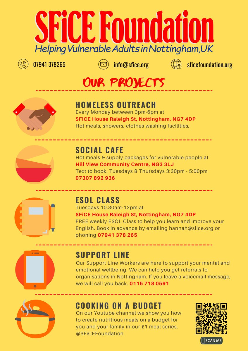 SFiCEFoundation's tweet photo. Spread the word! We need people to know where we are. Having moved to SFiCE House it's so important that the people who need us most can find us. Help us spread the word. Retweet this. Tell a friend. @NottinghamCVS  ⁣#feedthehungry #endinghomelessness #communitylove https://t.co/lMus0YG98A