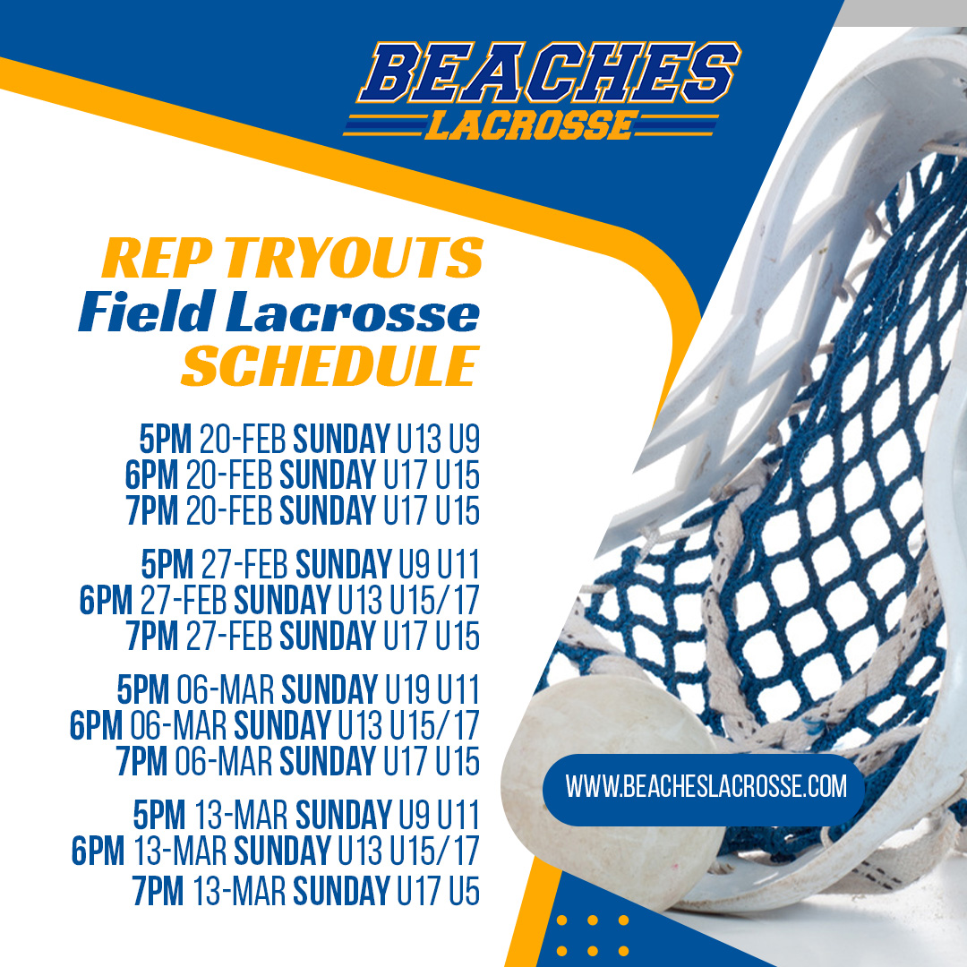 Get your gear ready! BEACHES Rep Field Lacrosse Tryouts start THIS Sunday at Soccerplex. All participants must be registered at beacheslacrosse.com before attending tryouts. Good luck to all players! #beaches #ridethetide #lacrosse #fieldlacrosse