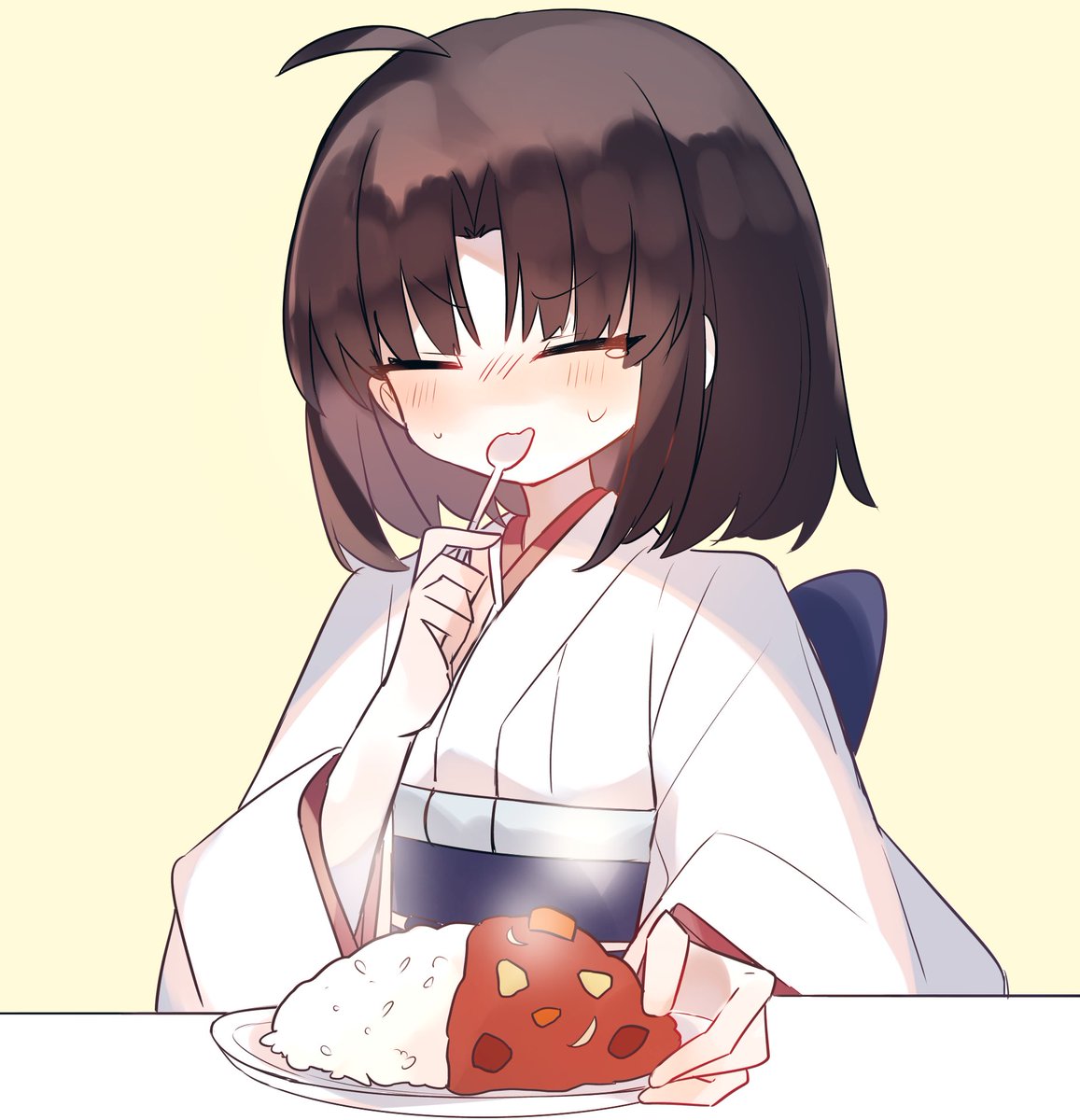 ryougi shiki 1girl curry curry rice japanese clothes solo food spoon  illustration images