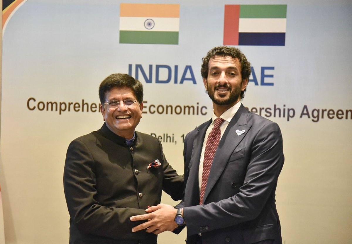 PiyushGoyal's tweet photo. The deal is done! 🇮🇳 🤝 🇦🇪

Signed the pathbreaking #IndiaUAECEPA along with the UAE Minister of Economy H.E Abdulla bin Touq Al Marri.

Sky is the limit for our trade &amp; economic ties as we commit to building a shared future &amp; enhancing the prosperity of our people. https://t.co/LJ70VJ8HcE