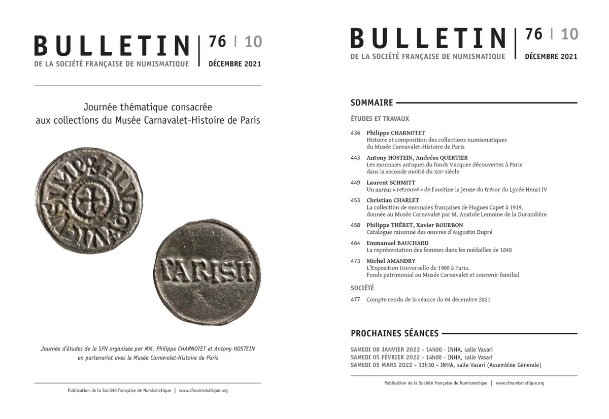 SocieteSfn's tweet photo. 7⃣ études & travaux #numismatics 🏋️♂️
Le #BSFN de décembre 2021, consacré à la journée thématique dédiée aux #collections du @museecarnavalet, vient de paraître !📚
👉https://t.co/ifNSCWE3HA https://t.co/Z5vJYe3KKt
