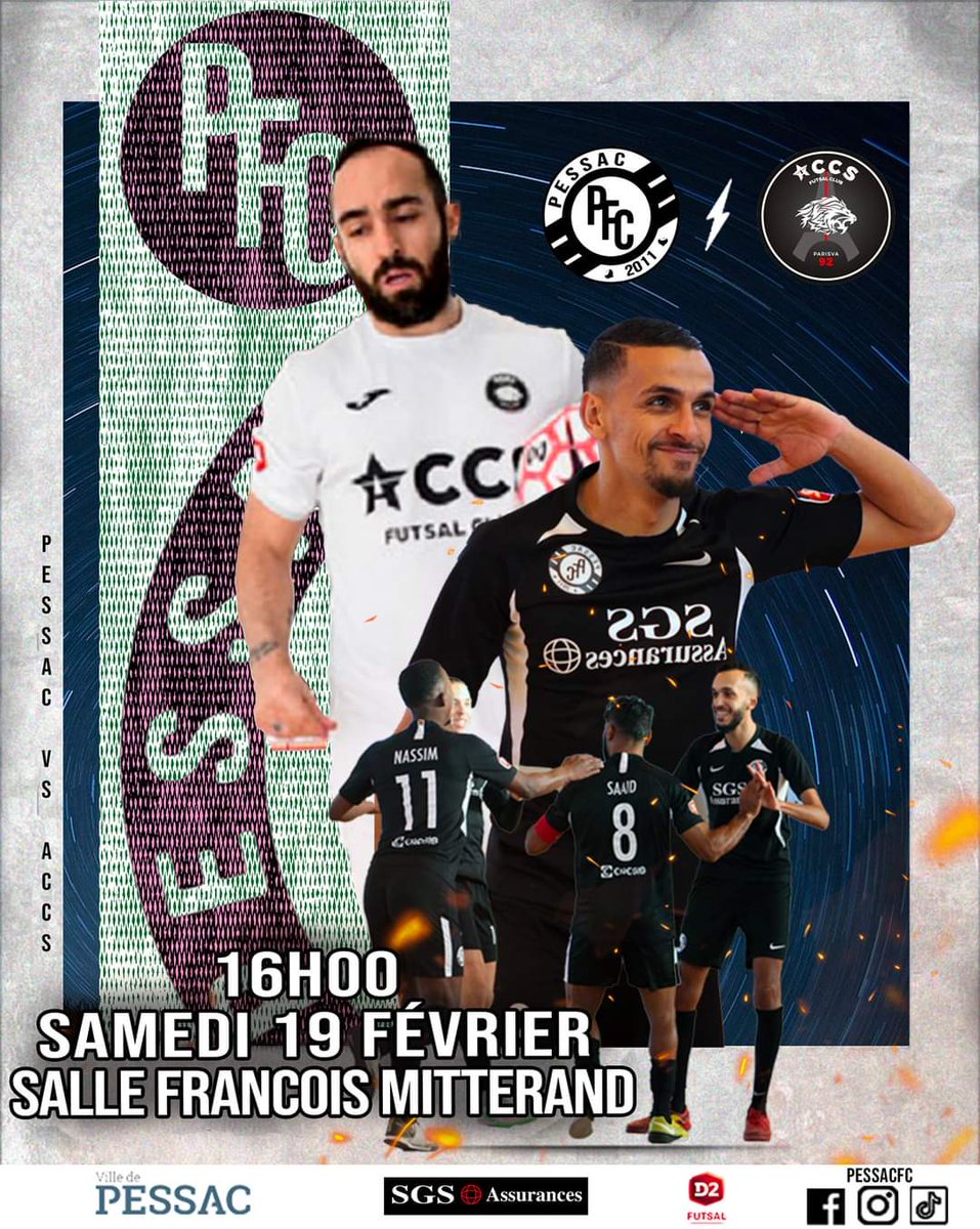 📆 13ème journée de championnats
 
🏠 𝗣𝗲𝘀𝘀𝗮𝗰
🆚️ @ACCSFutsal 
🏟 𝗦𝗮𝗹𝗹𝗲 𝗙𝗿𝗮𝗻𝗰̧𝗼𝗶𝘀 𝗠𝗶𝘁𝘁𝗲𝗿𝗿𝗮𝗻𝗱 
⌚ 𝗦𝗮𝗺𝗲𝗱𝗶 𝟭𝟵 𝗳𝗲́𝘃𝗿𝗶𝗲𝗿 𝟭𝟲:𝟬𝟬
🎫 La 𝗕𝗶𝗹𝗹𝗲𝘁𝗲𝗿𝗶𝗲 𝗲𝘀𝘁 𝗼𝘂𝘃𝗲𝗿𝘁𝗲 à 5 €

#Pessac #futsal #accs #Bordeaux