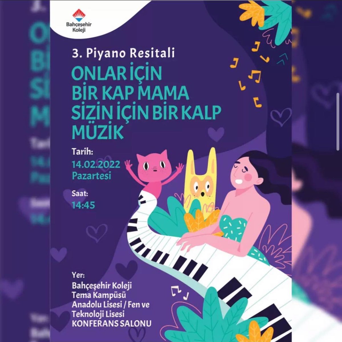 "3.Piyano Resitali" kapsamında yapılan "ONLAR İÇİN BİR KAP MAMA, SİZİN İÇİN BİR KALP MÜZİK" adlı sosyal sorumluluk projesiyle toplanan mamaları, arkadaşlarımız 17 şubat Dünya Kediler Gününde Küçükçekmece Belediyesi Sokak Hayvanları Tedavi ve Rehabilitasyon Merkezine götürdüler.