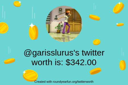 garisslurus's tweet photo. My Twitter worth is: $342.00

Find yours with https://t.co/DGcIxX2KOR

⠀ https://t.co/ev2orC7WGJ
