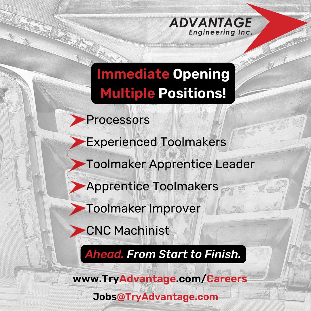 Going, going, nearly gone...
Don't miss your chance to join the innovative &amp; collaborative #TeamAdvantage.

#Hiring
#Processors
#Toolmakers
#Toolmaker Apprentice Leader
#Apprentice Toolmakers
#ToolmakerImprover
#CNC Machinist

hubs.la/Q014kPXM0

#YQG #Jobs #Windsor #Essex
