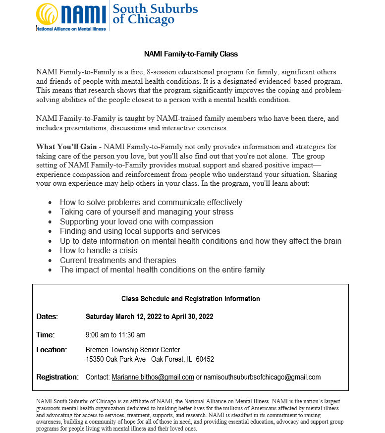 NAMI Family-to-Family Classes: Free, evidence-based 8 session educational program for families, significant others and friends of people with mental health conditions. Please consider registering or sharing with those who may benefit.