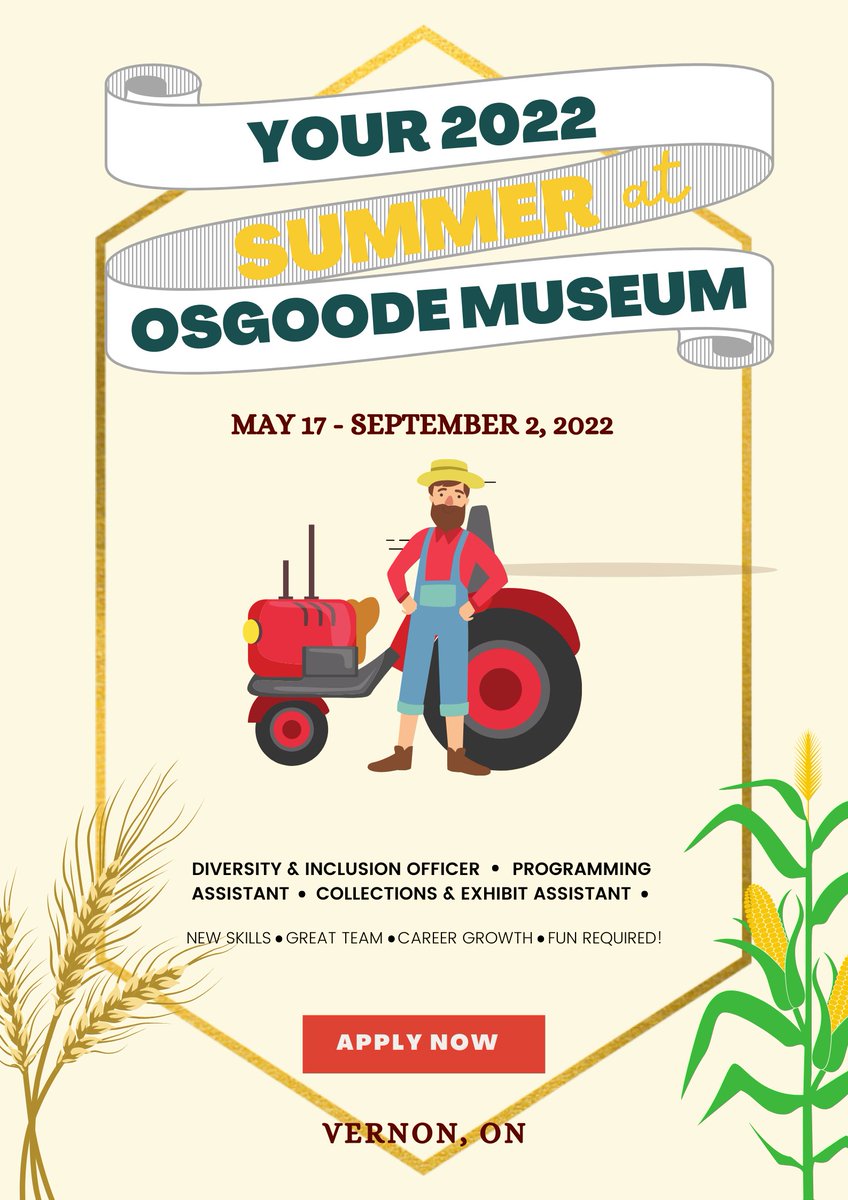 Join the Osgoode Township Museum's team this summer! Be a Programming Assistant, Collections &amp; Exhibit Assistant, or Diversity &amp; Inclusion Officer!
Full details including job poster and application process can be found on our website: osgoodemuseum.ca/.../get.../car…

#Summer2022 #osgoode