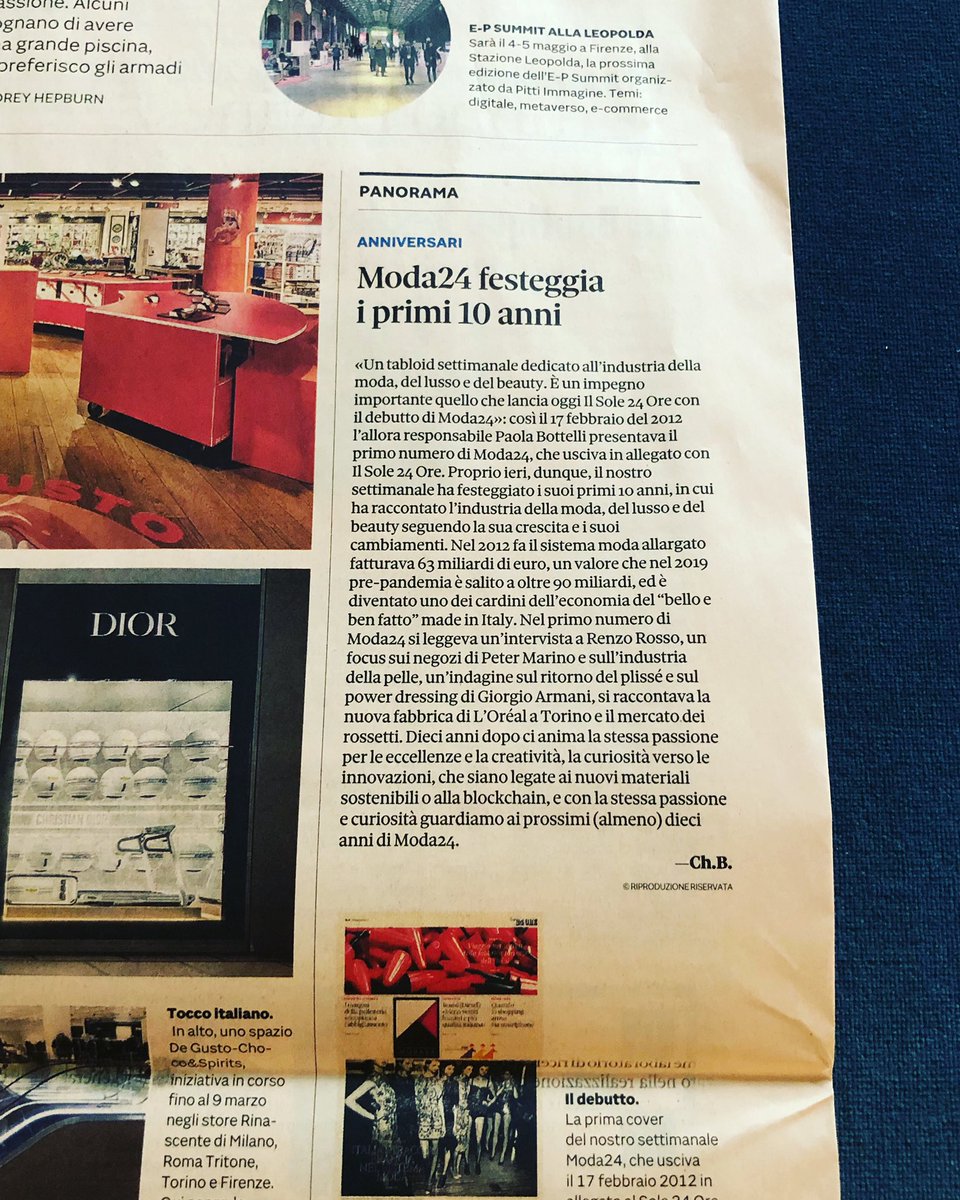 paolabottelli's tweet photo. Grazie al @sole24ore per avermi ricordata nel decimo anniversario di #Moda24: all’epoca ero la caporedattrice ed era un bel tabloid settimanale di 24 pagine, dall’industria allo stile, dalla finanza alle materie prime e ai settori collegati.
Bei tempi, ma tantissimo lavoro https://t.co/wholSDyafM