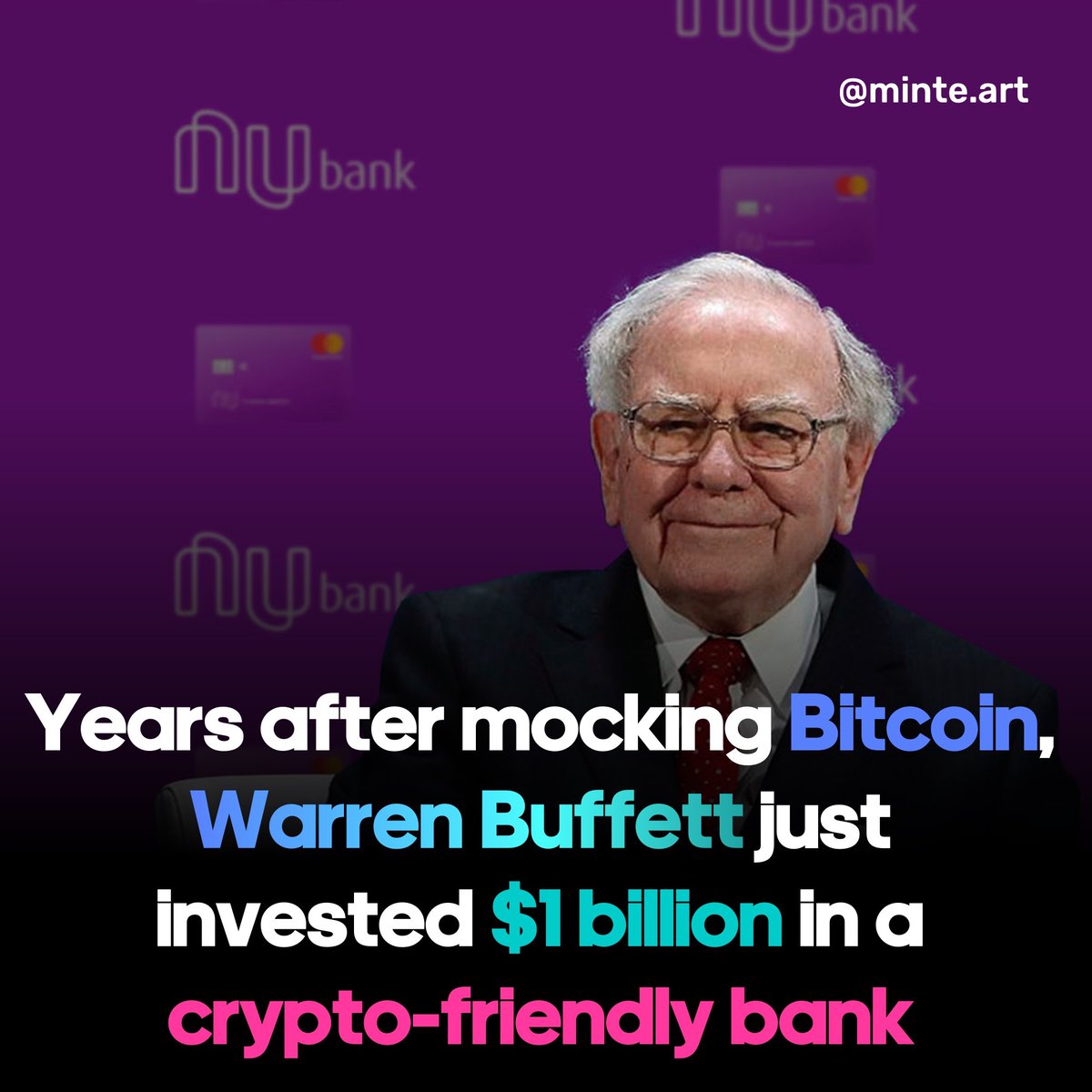 minte_art's tweet photo. 1/ Years after mocking Bitcoin 🤑, Warren Buffett just invested $1 billion in a crypto-friendly bank 🏦 💷💶💴💵

#bitcoin #neobank @nubank #cryptonews https://t.co/oDyu6A5MM1