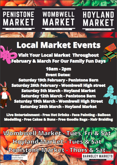 We are delighted to announce that Family Fun Days will be taking place at Penistone, Hoyland and Wombwell market, from tomorrow until Saturday 26th March. There really will be fun for all the family, with live entertainment, face painting and free goodie bags.
