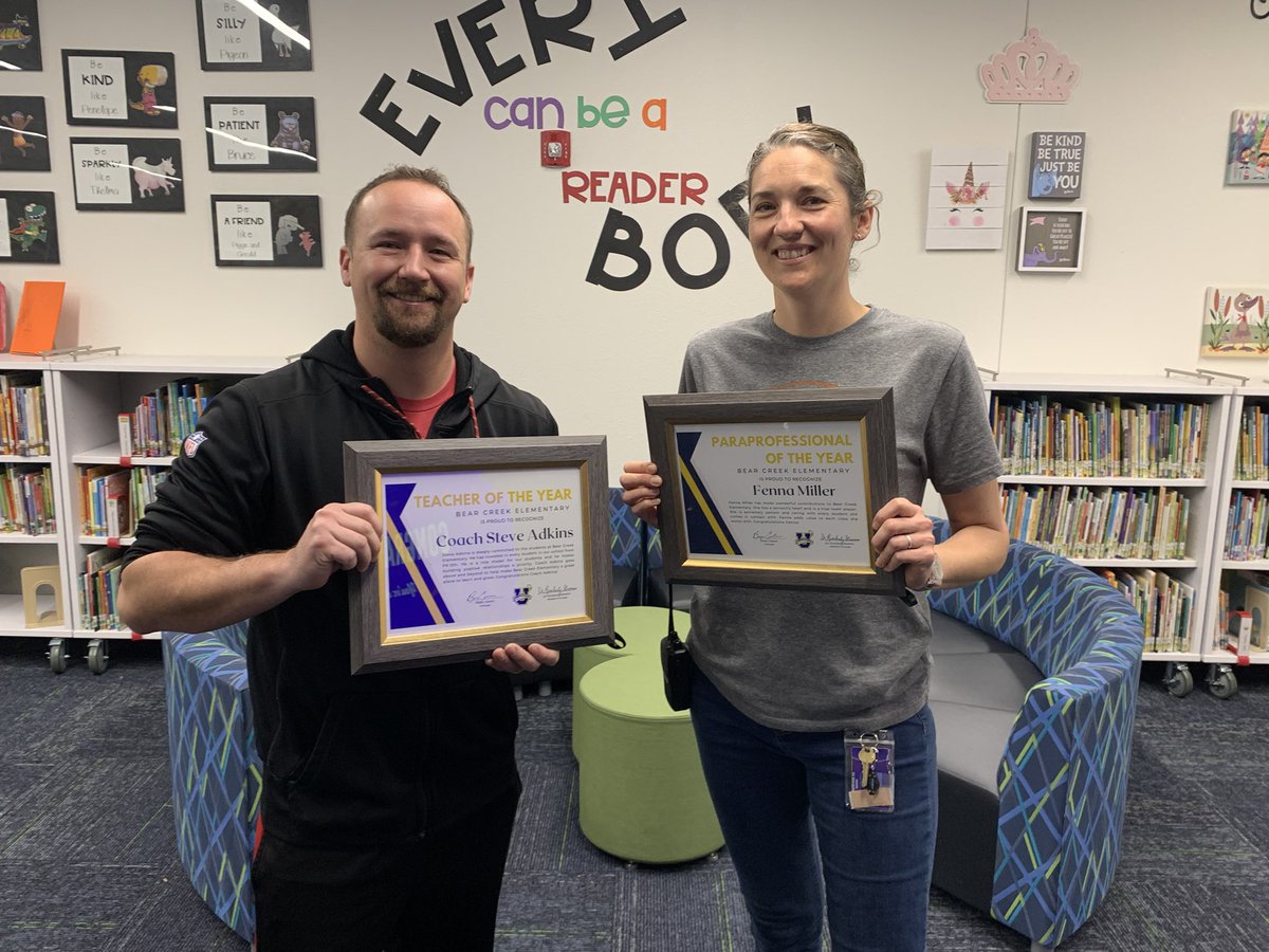 Congratulations to our Teacher of the Year, Coach Adkins &amp; our Paraprofessional of the Year, Fenna Miller!!! <a href="/BearCreekElem/">Bear Creek</a> @adkinsrule49 <a href="/FennaMiller/">Fenna Miller</a>