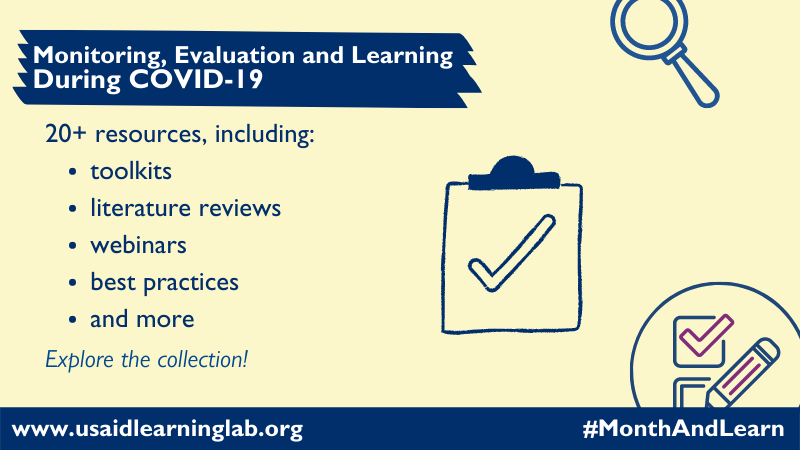 USAIDLearning's tweet photo. 💡 The development community contributed to this collection of monitoring, evaluation and learning resources to help us all adapt our approaches and continue to collect evidence during COVID-19. https://t.co/atb4i8nFsN
#MonthAndLearn https://t.co/ZSsjeZMd0z