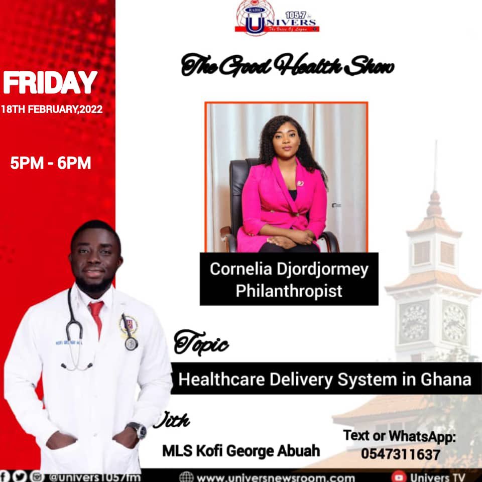 _KofiGeorgeMA_'s tweet photo. What’s your view and opinion on the whole healthcare delivery system of Ghana 🇬🇭? Join us today @univers1057fm_ on the “Good Health Show” as we discuss this extensively.Furthermore, we have @ladyCornelia3 to discuss more about her philanthropic projects, career and more..tune in https://t.co/PB2dxJeNtu