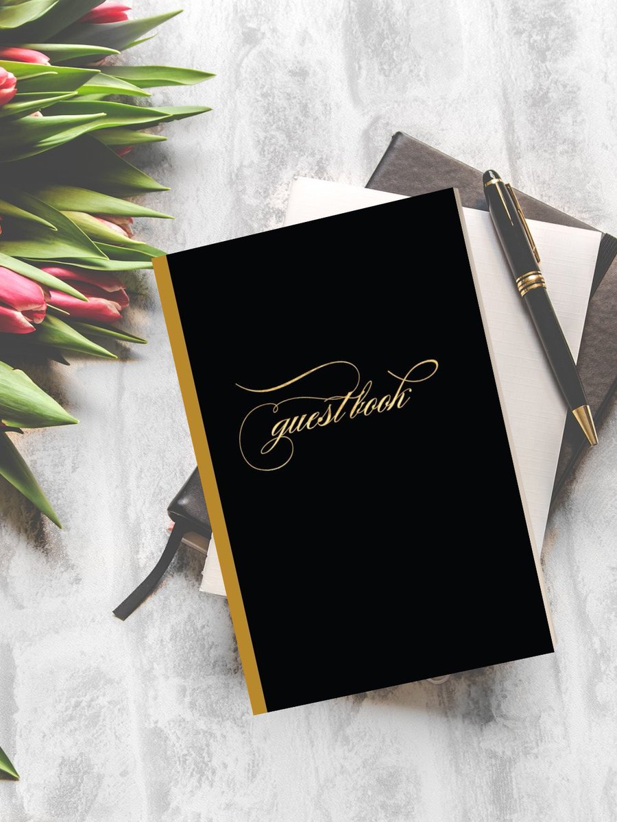 colleenmichele's tweet photo. Minimalist Guest Book design for weddings or special occasions.  Black with a gold scripty font - elegant and classic.  https://t.co/prmwcNe3xa https://t.co/OqjMIvJ87V