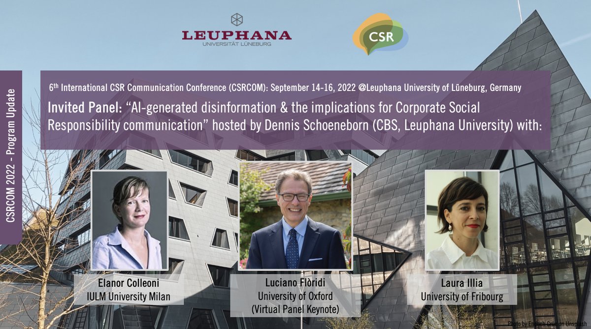 CSR Communication (@csr_comm) on Twitter photo We are happy to announce our first panel for #CSRCOM2022 - 'AI-generated disinformation and the implications for CSR communication‘. Don’t miss out and join us! Stay tuned for further programme updates <a href="/LOST_Leuphana/">LOST – Leuphana Organization STudies</a> <a href="/cbssust/">CBS Sustainability Centre</a> <a href="/AOM_SIM/">SIM Division, AOM</a> <a href="/cms_aom/">AOM CMS Division</a> @egosnet We are happy to announce our first panel for #CSRCOM2022 - 'AI-generated disinformation and the implications for CSR communication‘. Don’t miss out and join us! Stay tuned for further programme updates <a href="/LOST_Leuphana/">LOST – Leuphana Organization STudies</a> <a href="/cbssust/">CBS Sustainability Centre</a> <a href="/AOM_SIM/">SIM Division, AOM</a> <a href="/cms_aom/">AOM CMS Division</a> @egosnet