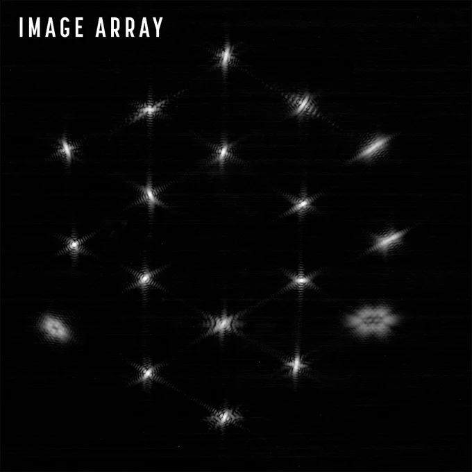 This early Webb alignment image, with 18 fuzzy dots of starlight arranged in a pattern similar to the honeycomb shape of the primary mirror, is called an “image array.”