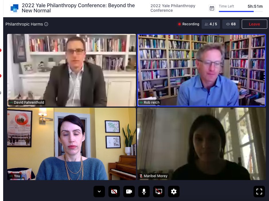 This is about the worst screenshot of all time, but luckily, the discussion was much better. Thank you @MaribelMorey1 @robreich @Fahrenthold for your incisive contributions to this panel hosted by the Yale Philanthropy Conference.