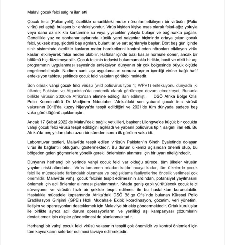 Klimud's tweet photo. DSÖ tarafından dün duyurulan #Malawi #polio vakası hakkında derneğimiz viroloji çalışma grubu tarafından hazırlanan bilgi notu ektedir.  Çocuk felci hastalığı elimine edilmiş bulaşıcı hastalıklardandi, aşı ile korunulmasi mümkündür. https://t.co/uMKVVQOKgz
