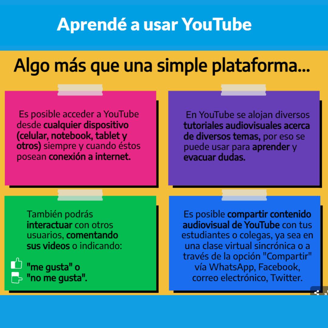 En general creemos saber usar YouTube, pero con este curso de 1 hora podemos mejorar nuestro uso de esta herramienta y aprovecharla al máximo para nuestras clases. 

▶¡Solo en 1 hora! 

🖱bit.ly/cursoYT1