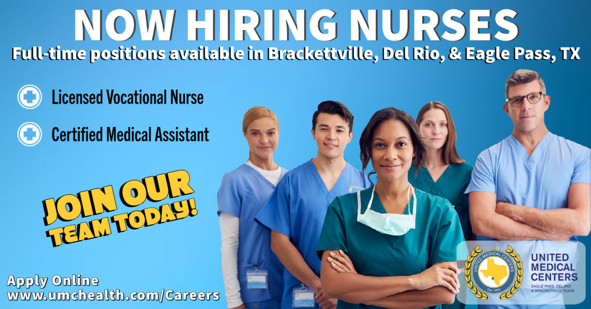 umchealth's tweet photo. Looking for committed and dedicated nurses in all fields. We have full-time positions available in Brackettville, Del Rio, &amp; Eagle Pass, Texas. We offer an excellent benefits package. Join Our Team - Apply Online Today at https://t.co/PWwNsz7ibu. https://t.co/7VhfTVl7v0