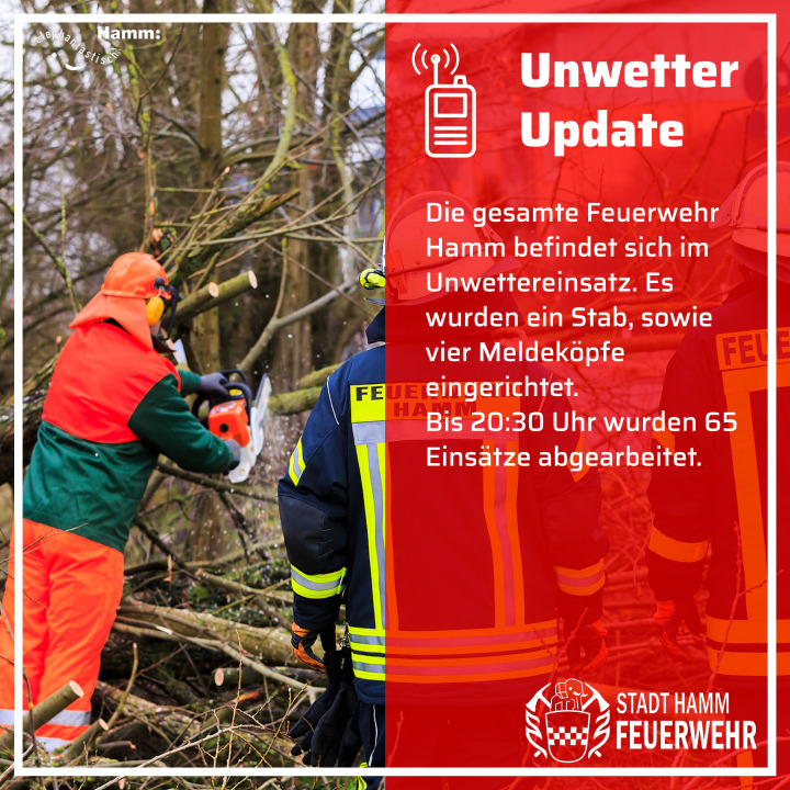FeuerwehrHamm's tweet photo. Update Unwetterlage:
Aktuell befinden sich alle Einheiten der Feuerwehr Hamm im Unwettereinsatz. An der FRW 1 wurde ein Stab der Einsatzleitung gebildet. Zudem wurden vier Meldeköpfe gebildet.
#einsatzfuerhamm #feuerwehrhamm #hamm112 https://t.co/VQS8w1IJPr