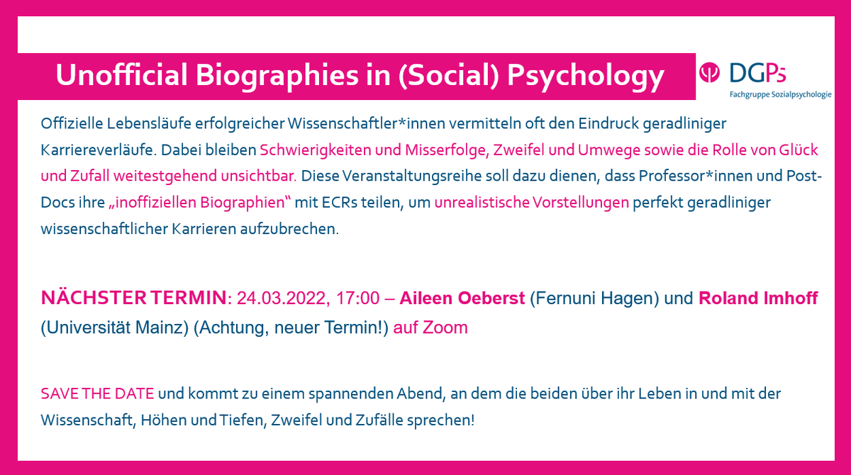 Es ist wieder so weit🥳SAVE THE DATE für die nächste Runde #unofficialbiographies mit @aoeberst und <a href="/rolandimhoff/">Roland Imhoff</a> am 24.03. um 17 Uhr auf Zoom (Link in Kürze hier und auf der Website der <a href="/FGSozPsy/">FGSP</a>) - eine Veranstaltung von &amp; für <a href="/DGPs_JuMis/">DGPs JuMis // ECRs</a>, gerne weitersagen an ECRs und Studis!