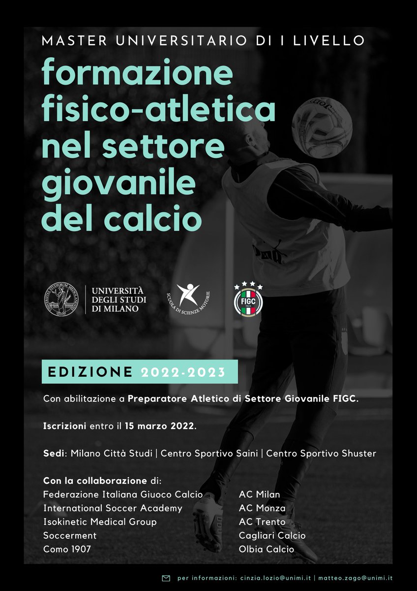 🎓⚽ <a href="/LaStatale/">Università degli Studi di Milano</a> di Milano e <a href="/FIGC/">FIGC</a> presentano il #Master in #PreparazioneAtletica nel #calciogiovanile

Alcuni nostri partner:
International Soccer Academy
<a href="/IsokineticMed/">Isokinetic</a>
<a href="/soccerment/"></a> 

Presto conoscerete i Club Professionistici sede dei #tirocini

lnkd.in/eNHD99_6