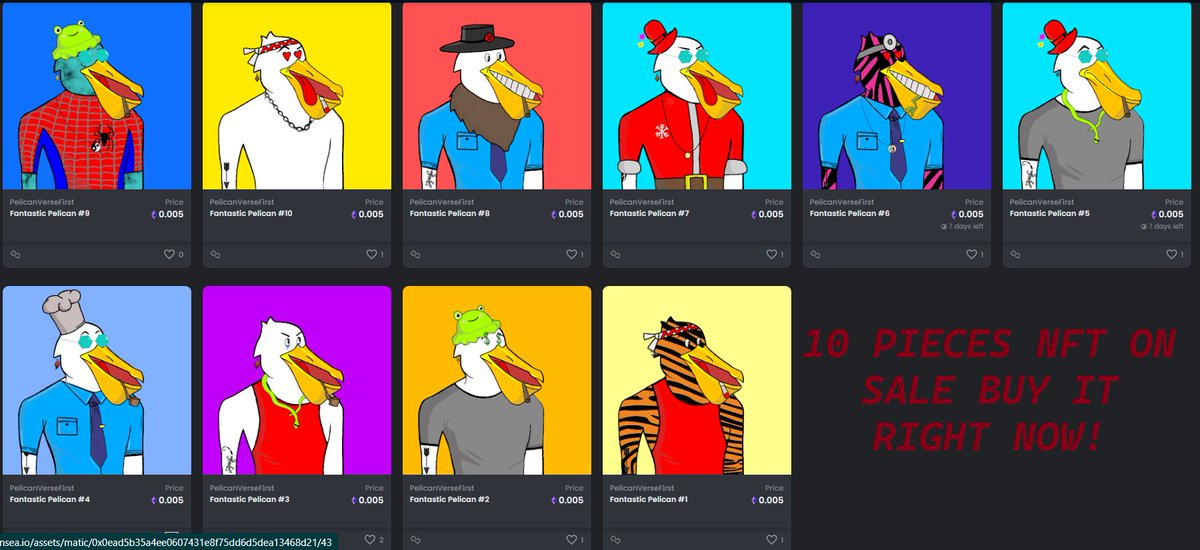 IN TOTAL, 10 NFTS ON SALE, THE POLYGON NETWORK PROBLEM IS STILL ONGOING IF IT IS NOT FIXED THIS WEEK, WE WILL MAKE A MANUAL INTERVENTION AND SHARE YOU ALL THE NFTS.
#ETH #OpenSeaNFT #PolygonNetwork #PolygonNFT #NFTCollection