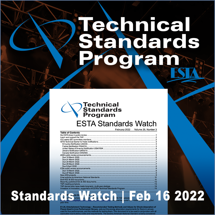 The latest issue of Standards Watch is ready for you to enjoy! Check out the latest in all things standards at tsp.esta.org/SWatch

#standardswatch