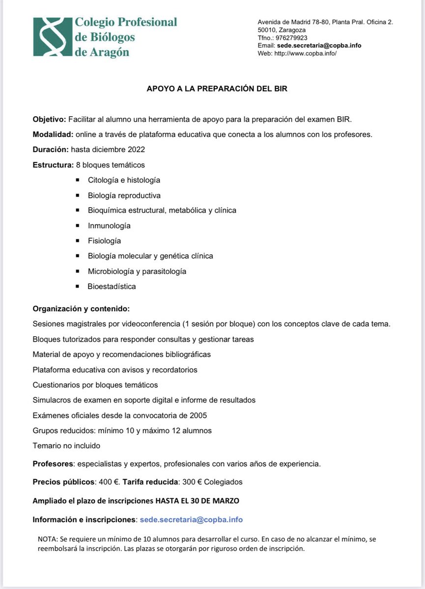 Se amplía el Plazo de inscripción al curso de Preparación al BIR hasta el 30 de Marzo. Recordad que los biólogos colegiados tiene descuento.