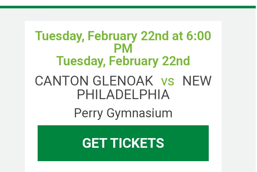 Come out and support the Lady Eagles as we head into District play @ Perry on Tuesday, February 22 at 6pm vs New Philadelphia
💚🦅🏀💛 Link to purchase tickets: ohsaa.org/tickets 
Once on the site, click on
1. Boys-Girls basketball
2. Girls basketball
3. Massillon(Reg 1)