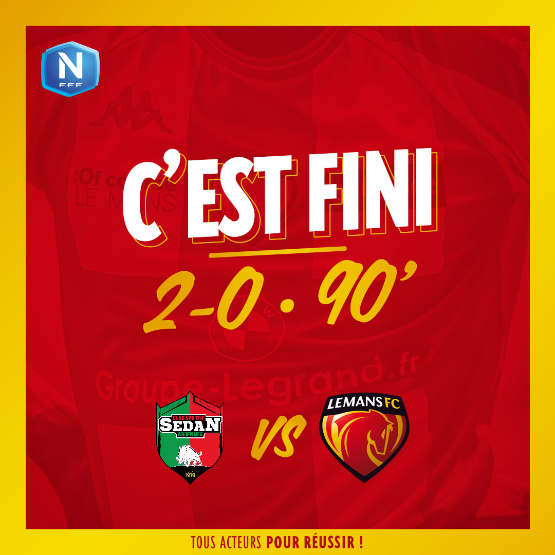 LEMANSFC's tweet image. #CSSALMFC 2⃣-0⃣

⏱ 90&apos; | C&apos;est fini au Stade Louis-Dugauguez… Victoire sedanaise, 2-0, deux coups de pied arrêtés fatals. Lembet a arrêté un penalty d&apos;Armand en fin de rencontre.

#AllezLEMANSFC 🔴🟡