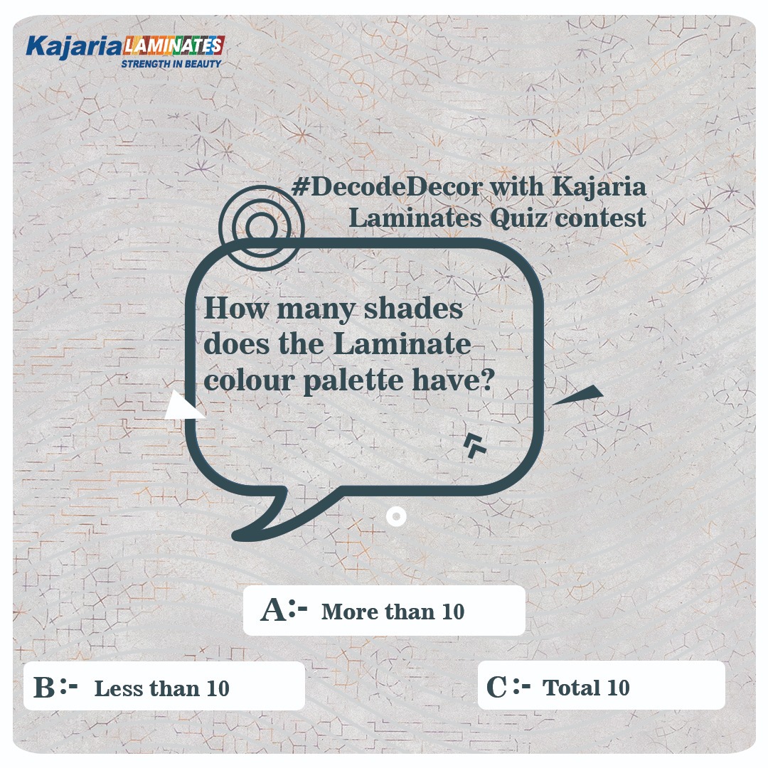 KajariaPLY's tweet photo. The #DecodeDecor with KajariaPLY quiz contest is here! You just have to answer 4 simple questions to win exciting prizes.

Contest rules :
-Share your answers in the comments section
-Use #DecodeDecor
-Tag your family &amp; friends to participate
-Winners announcement  24th Feb'22 https://t.co/0rJyZmLOgi