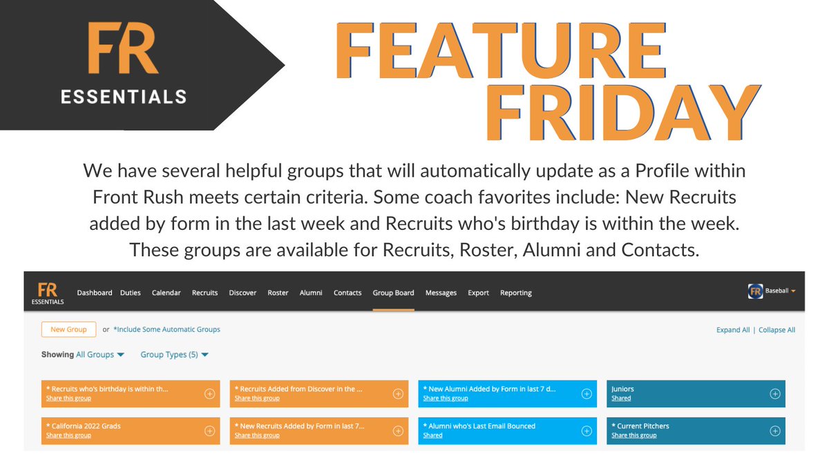 It's the Automatic Groups for us! 
Haven't used this feature yet?

 Check it out ✔️⬇️ 

#ThisIsFrontRush #collegeathletics #recruitmanagement #coachsolutions #recruitsmarter #ncaa #naia #njcaa