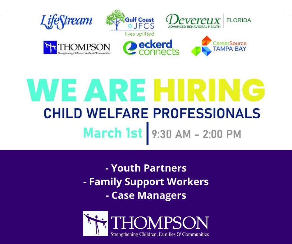 Join us at @eckerdyouth Community Job Fair on March 1st. fb.me/e/1ABsgPMXd

We’re hiring for our Tampa area Child Welfare Case Mgmt. program :
- Youth Partners
- Family Support Workers
- Case Managers

Don’t forget to apply before attending: 
thompsoncffjobs.com/?fwp_categorie…