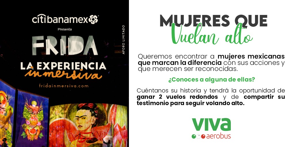 VivaAerobus's tweet photo. Queremos reconocer a todas las mujeres que como Frida, vuelan alto. Si eres o conoces a una mujer que con sus acciones, marca la diferencia en su campo laboral, en su comunidad o para alguna causa social, en un tuit cuéntanos su historia, nombre y ciudad. #VivaFrida https://t.co/SPOg8u1KkC
