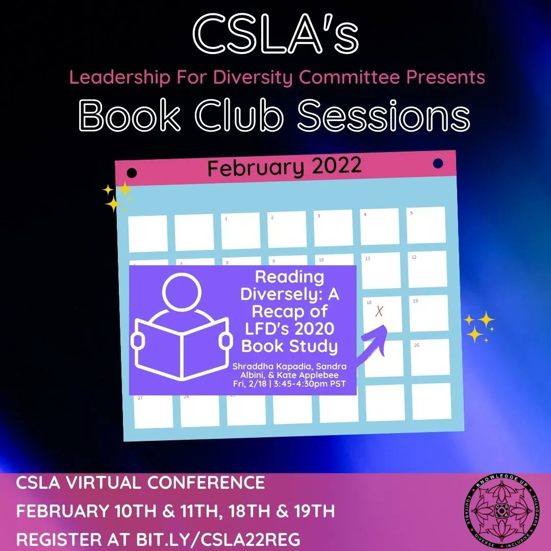4csla's tweet photo. Join today's conversation of "Reading Diversely: A Recap of LFD's 2020 Book Study" With Shraddha Kapadia, Sandra Albini, &amp; Kate Applebee Fri, 2/18 | 3:45-4:30pm PST! Register at https://t.co/Y2N6CNTEzW #BookStudy  @Ms_Kapadia_TL @K8Applebee https://t.co/XTlG22KfOa