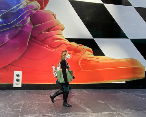 AlpertOlive's tweet photo. Olive Alpert #DevelopPortDev  @gothamtomato 
Big Foot Comes to New York
##Orange, #Blue, #Purple, #Red, #Black&amp;WhiteCheckerboard, #Bags, @Sidewalk, #Flagstone, #Woman, #Mask, #Green, #Gray, #Panel. #Switches, #Boots https://t.co/jr0jwRjBvN