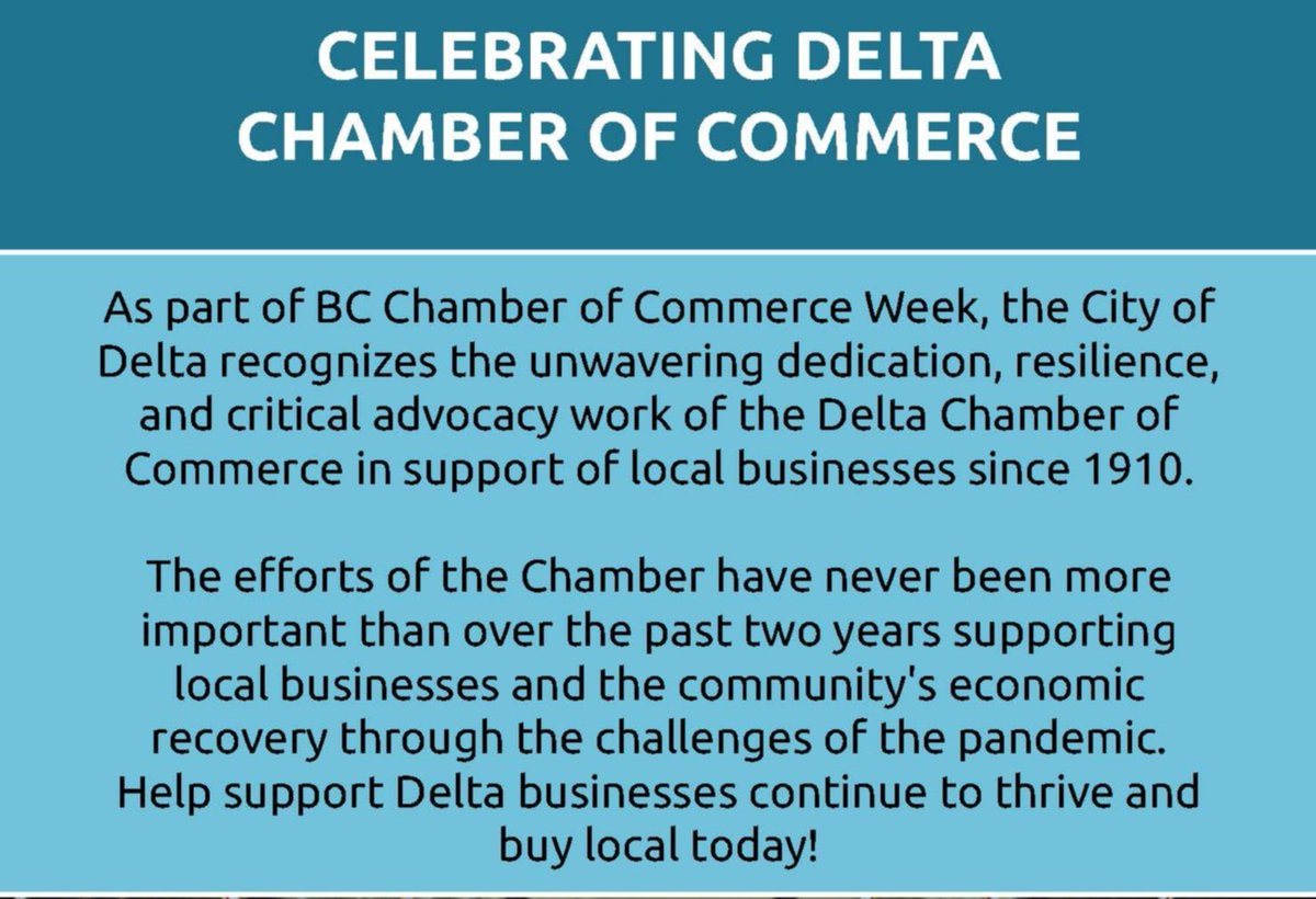 DeltaBCCouncil's tweet photo. As part of #ChamberWeek, our City celebrates the tremendous work by @deltachamber in supporting local businesses and the community's economic recovery through the challenges of the pandemic! 

#DeltaBC #BuyLocalDelta #ShopLocal https://t.co/sfIfxtrmY1