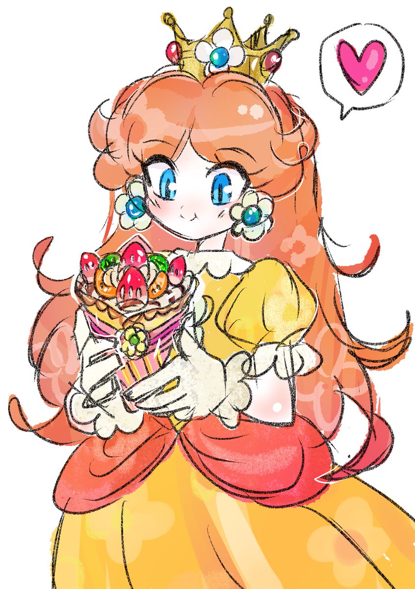 princess daisy 1girl blue eyes crown heart food long hair gloves  illustration images