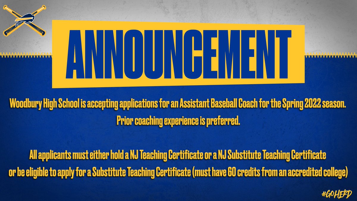 Woodbury High School is accepting applications for an Assistant Baseball Coach for the Spring 2022 season. 
Prior coaching experience is preferred.
Applicants MUST have NJ Sub Certificate

Interested candidates should email dhowey@woodburysch.com