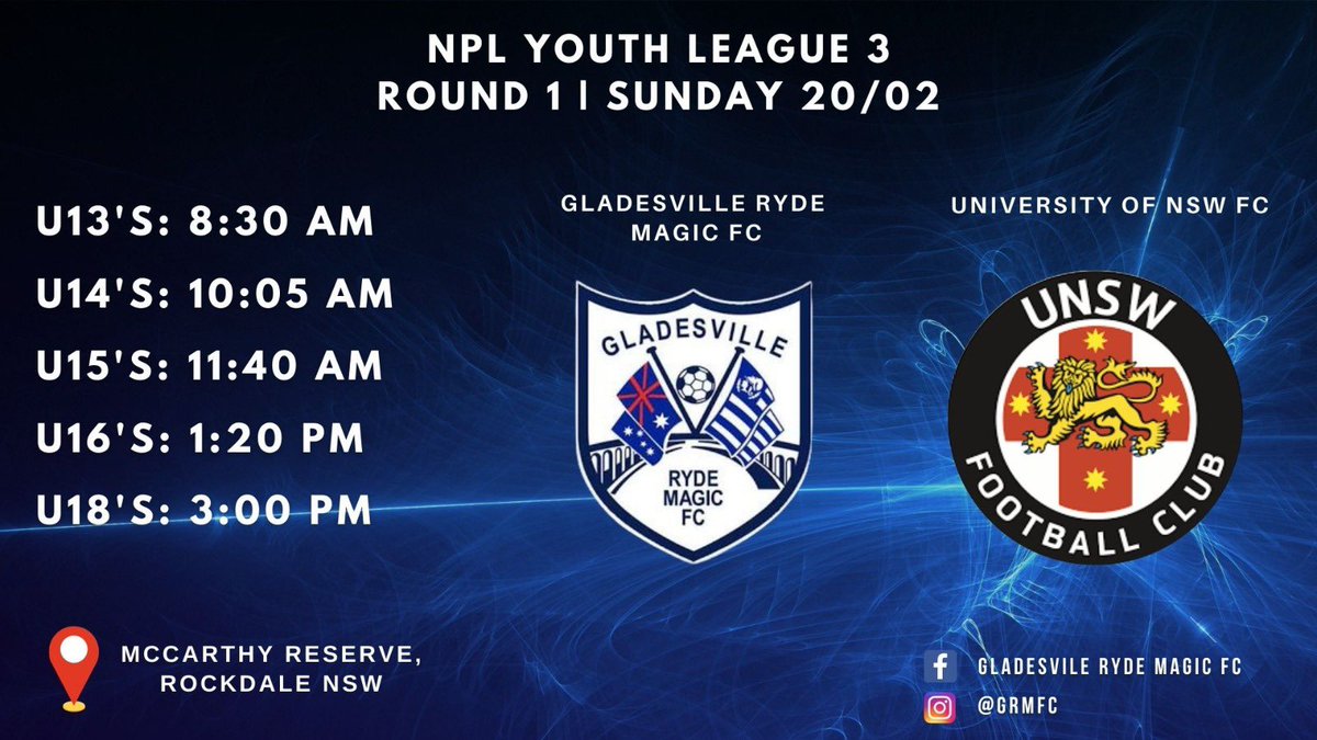 grmfc's tweet photo. GRMFC | WEEKEND FIXTURES | YOUTH vs UNSW | SUNDAY 20/2 | McCARTHY RESERVE, ROCKDALE https://t.co/DsI6oY5MDJ
