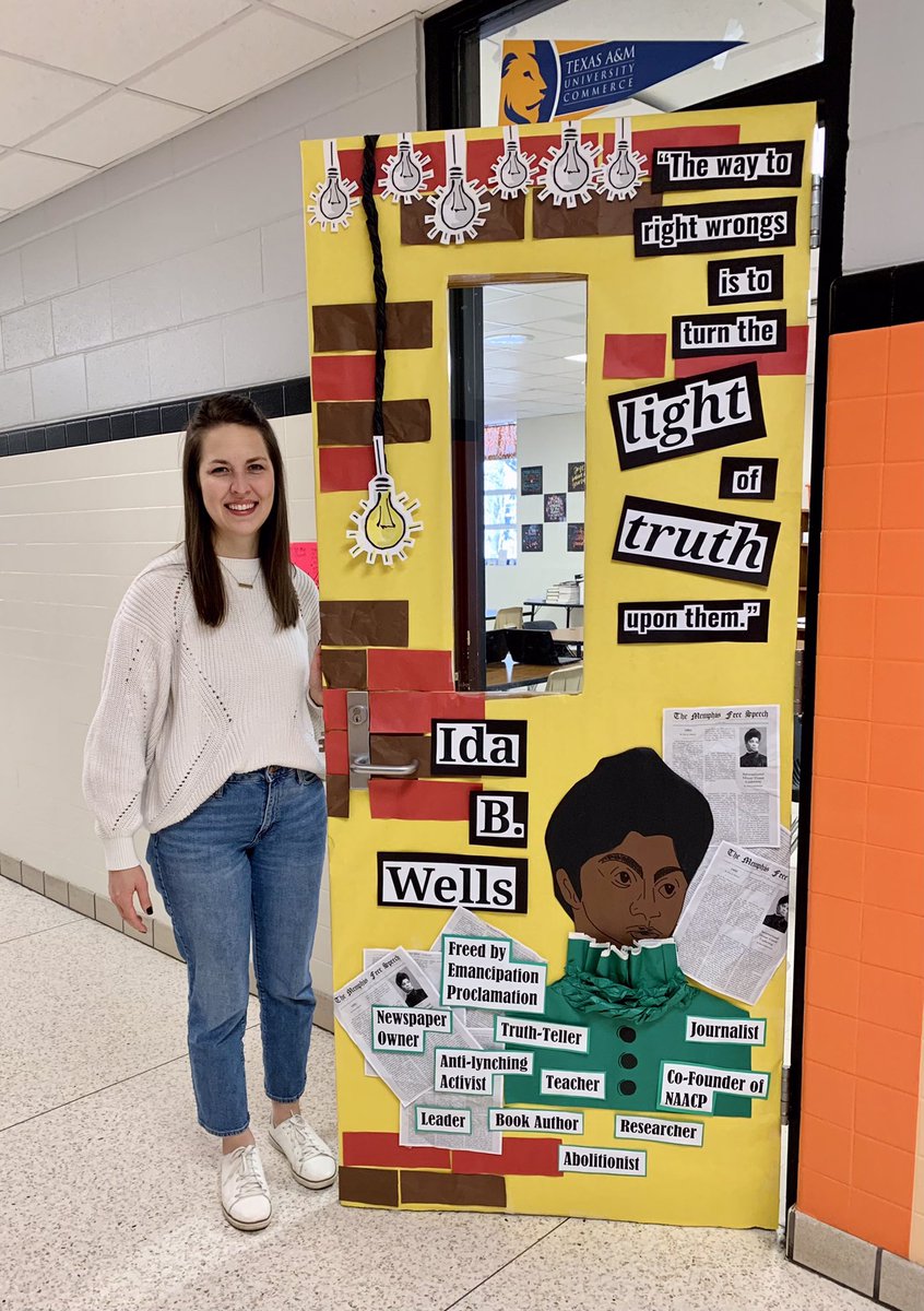 I remember learning about Ida B. Wells in early elementary &amp; being inspired by her courage to tell the truth, even when it cost her greatly. So inspiring to commemorate her legacy alongside other historic figures in our #BlackHistoryMonth door decorations at <a href="/TravisMSBobcats/">Travis Bobcats</a> 🧡🐾