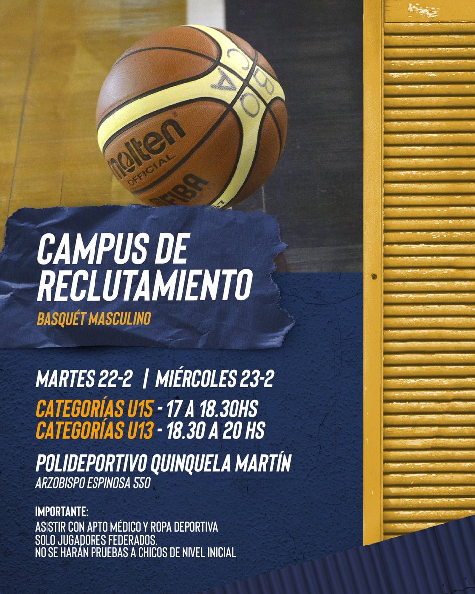 BasquetBocaJrs's tweet photo. ¿Te gustaría jugar en #Boca?
🏀🔵🟡🔵

Pruebas para las categorías U13 y U15 solo para jugadores federados.

⛹🏻‍♂️ Debajo, te dejamos todos los detalles para que puedas presentarte.

#VamosBoca 🟦🟨🟦 https://t.co/b7IY9tptbq