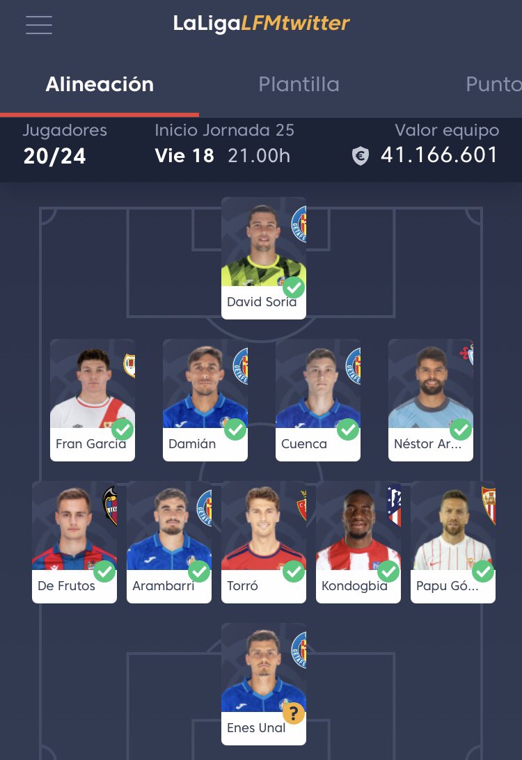 💪🏼 Mi 11 en #LFMSrMinguez Jornada 2️⃣5️⃣ <a href="/FantasyLaLiga/">Fantasy LALIGA</a> 🏆 Patrocinado por <a href="/DeporteParaiso/">Paraiso del Deporte</a> 🤩

Vamos cracks a ver esos onces <a href="/julianCHross/">Julian Ross</a> <a href="/Anhaksunamum/">Anhaksunamum</a> @josmiz2 @ToBaFe <a href="/ra_plo/">Ramón 🍍</a> <a href="/DLCDLC5/">DLC DLC</a> <a href="/kingfantasy8/">kingfantasy</a> @joserllg 🍀 

#LaLigaSeJuegaEnFantasy 🚀