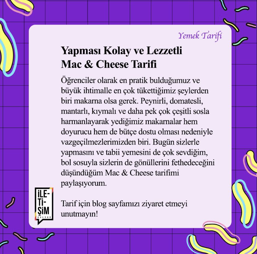 gsuilkblog's tweet photo. Yapımı pratik, ekonomik hem de lezzetli nefis bir tarifle geldik! Öğrencilerin olmazsa olmazı olan makarna ile, Mac &amp; Cheese tarifi şimdi blog sayfamızda🍝

Yazının devamı için https://t.co/b8V7FTjea7 linkine tıklayabilirsiniz!✨

Keyifli okumalar dileriz🍝 https://t.co/A8UxHXKbA1