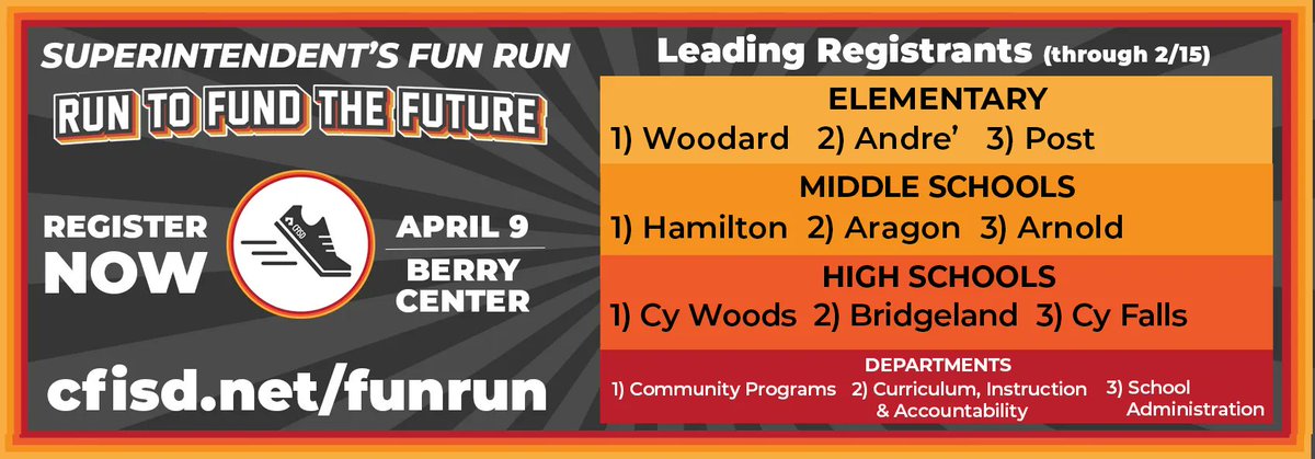 CyFairISD's tweet photo. Register today for the #CFISDFunRun! Kudos to our campus registration leaders through 2/15:

ES - 1) @WoodardCFISD 2) @CFISDAndre 3) @CFISDPost
MS - 2) @OHamiltonMS 2) @AragonWildcats 3) @ArnoldBucs
HS - 1) @CyWoods212 2) @BridgelandCFISD 3) @cyfallshs

https://t.co/LL7YgWOWQP 👟 https://t.co/Gpp9cuNn0I