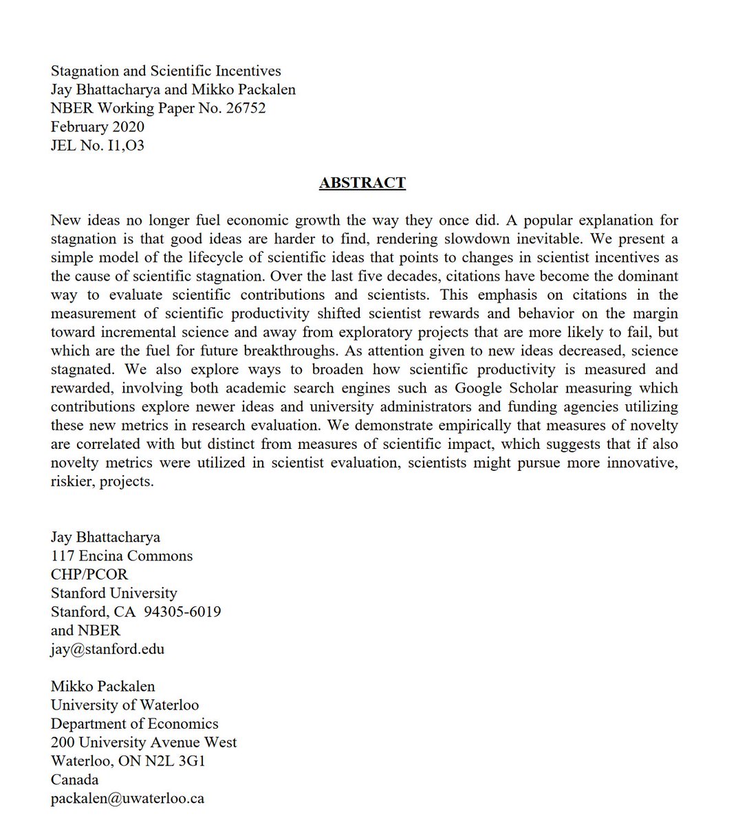 Provocative argument: Google Scholar (and its citation indexing predecessors) is the cause of the great stagnation in breakthrough innovation. By rewarding citation count, science has unknowingly shifted its emphasis from novelty to incremental work. nber.org/system/files/w…